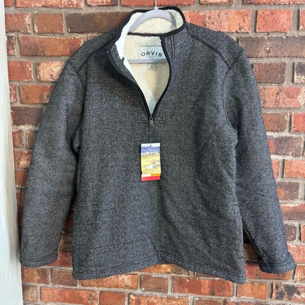 NWT Orvis mens 1/4 zip sherpa lined warm cozy pullover gray medium